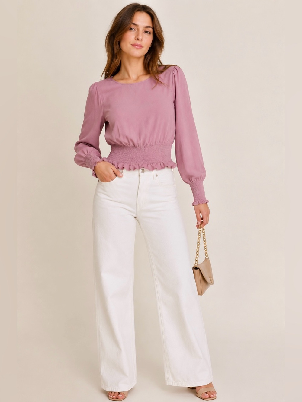 SHEIN Mauve Pink Smocked Waist Blouse Large Puff Sleeve Ruffle Crop Top